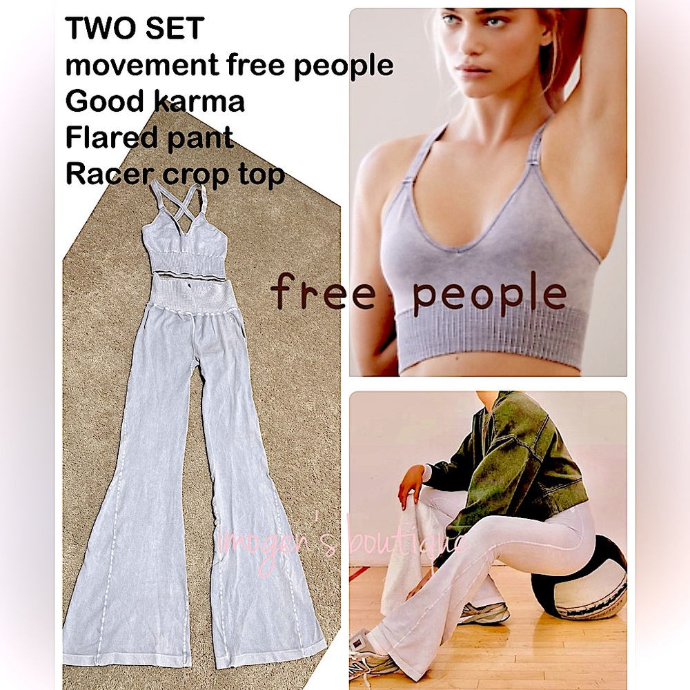 NWOT free people good karma SET high waist icegrey flare pants crop top two size
